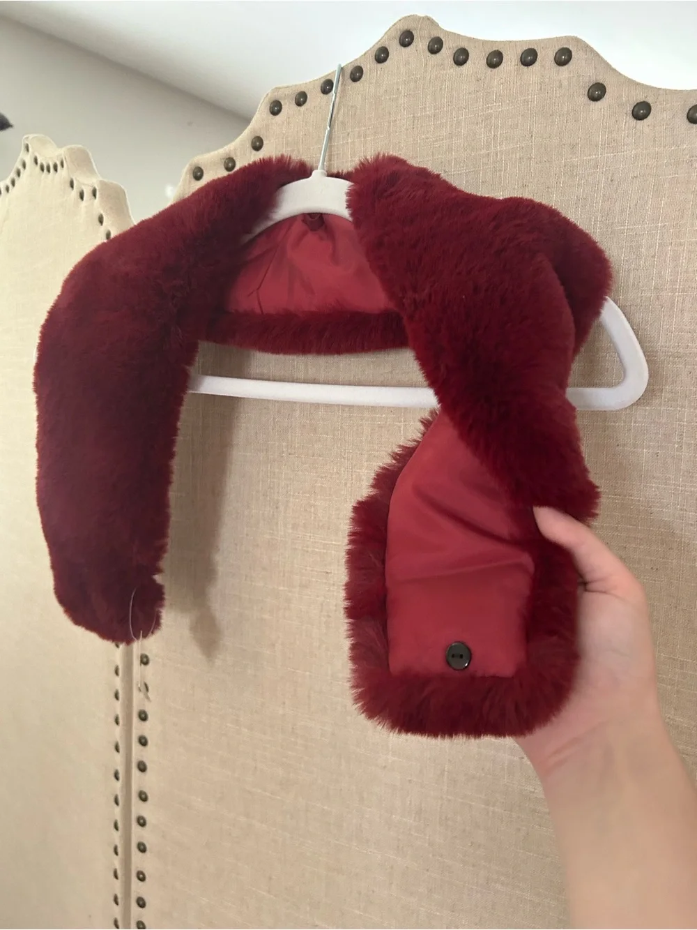 Red Faux Fur Collar Scarf Wrap Deep Burgundy Wine Vegan